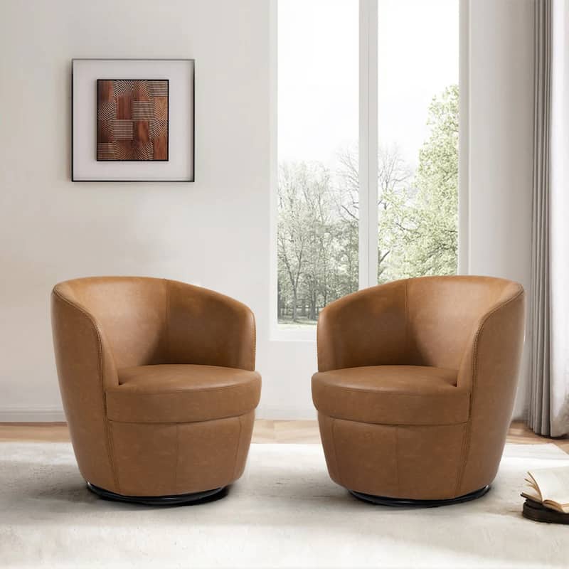 32" Wide PU Leather Swivel Barrel Chair with Metal Rotary Base (Set of 2) - Light Brown