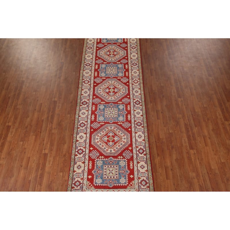 Geometric Red Kazak Runner Rug Hand-Knotted Hallway Wool Carpet - 3'11" x 13'4"