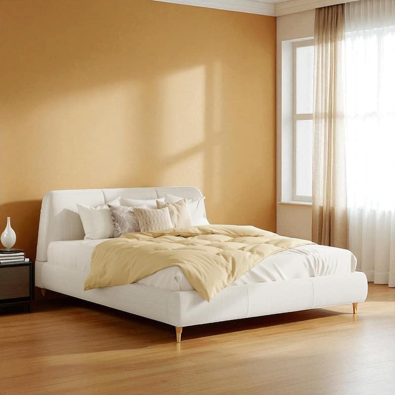 Queen/King Size Upholstered Platform Bed Frame with Linen Blend Fabric, Solid Wood Legs, No Box Spring Required