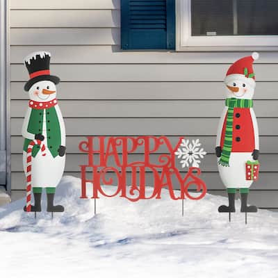 Glitzhome Metal Nutcracker Snowman with Word Sign Christmas Yard Stakes Xmas Wall Decor(Set of 3 )