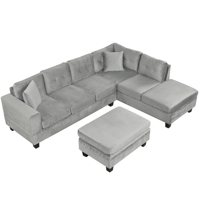105.1" Velvet L-Shaped Sectional Sofa with Reversible Chaise, Storage Ottoman and Cup Holders