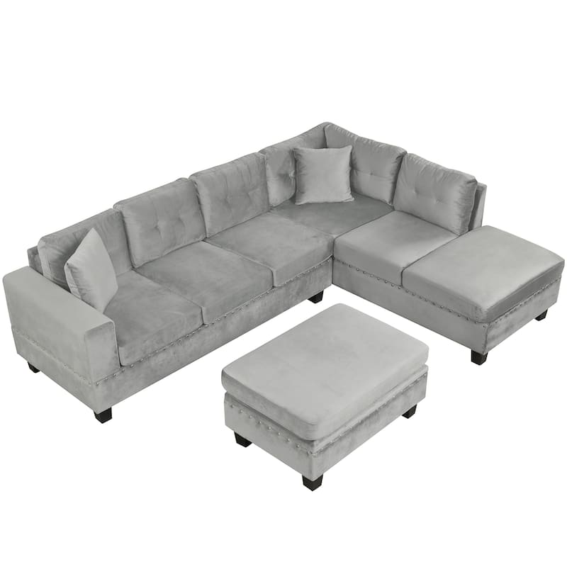 Roomfitters Sectional Sofa with Storage Ottoman, Reversible Chaise, Cup Holders and 2 Pillows for Living Room