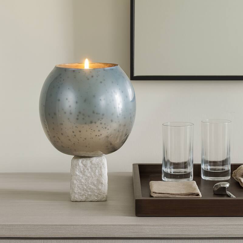 Glass Round Bowl Pillar Holder Marble Base - 15.0"