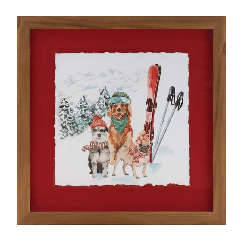 Set of 2 Winter Dog Art Prints with Sled and Ski Accents in Red Matte Glass Frames Perfect for Winter or Cabin Decor
