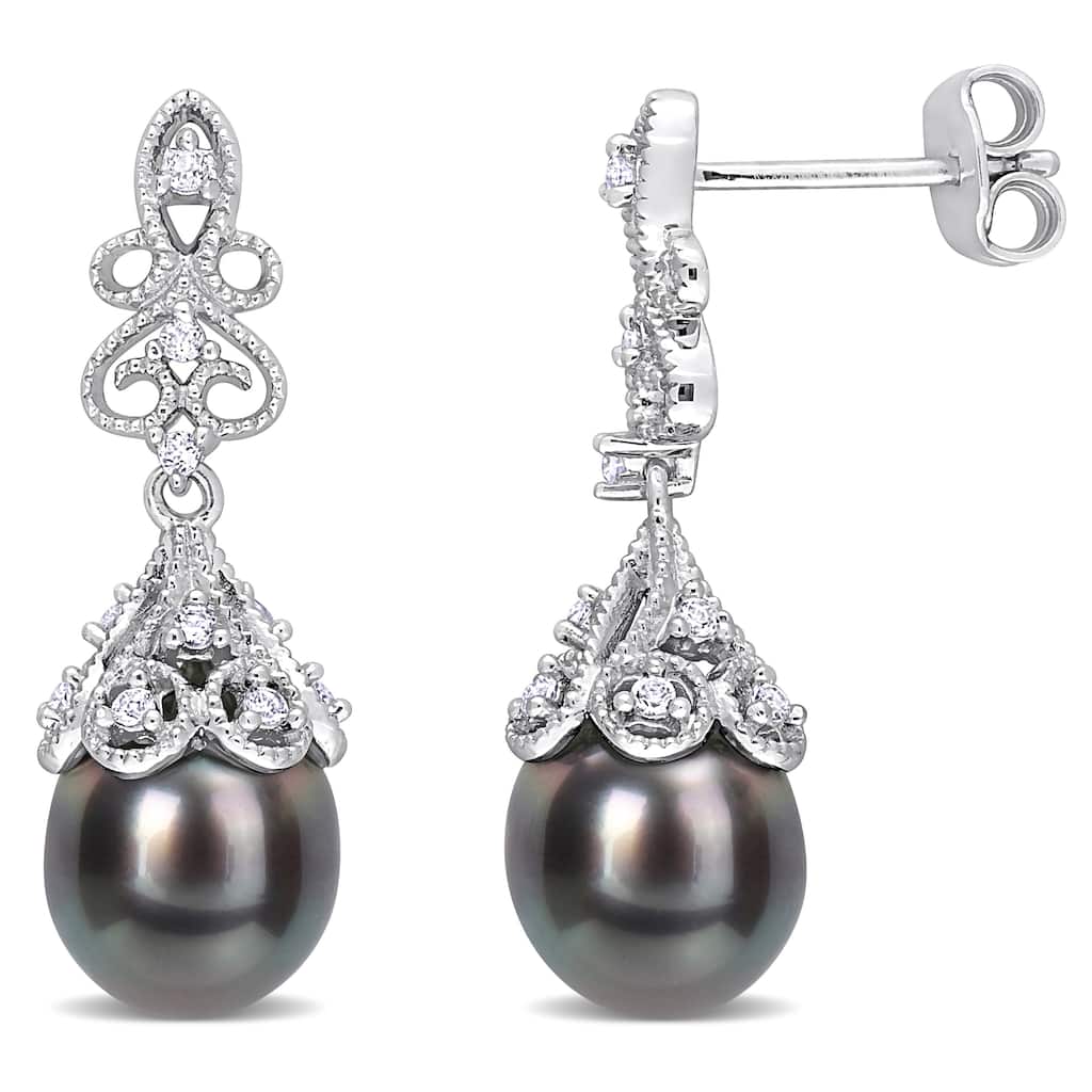 Miadora 8-8.5mm Black Tahitian Cultured Pearl 1/4ct TGW White Topaz Earrings Sterling Silver