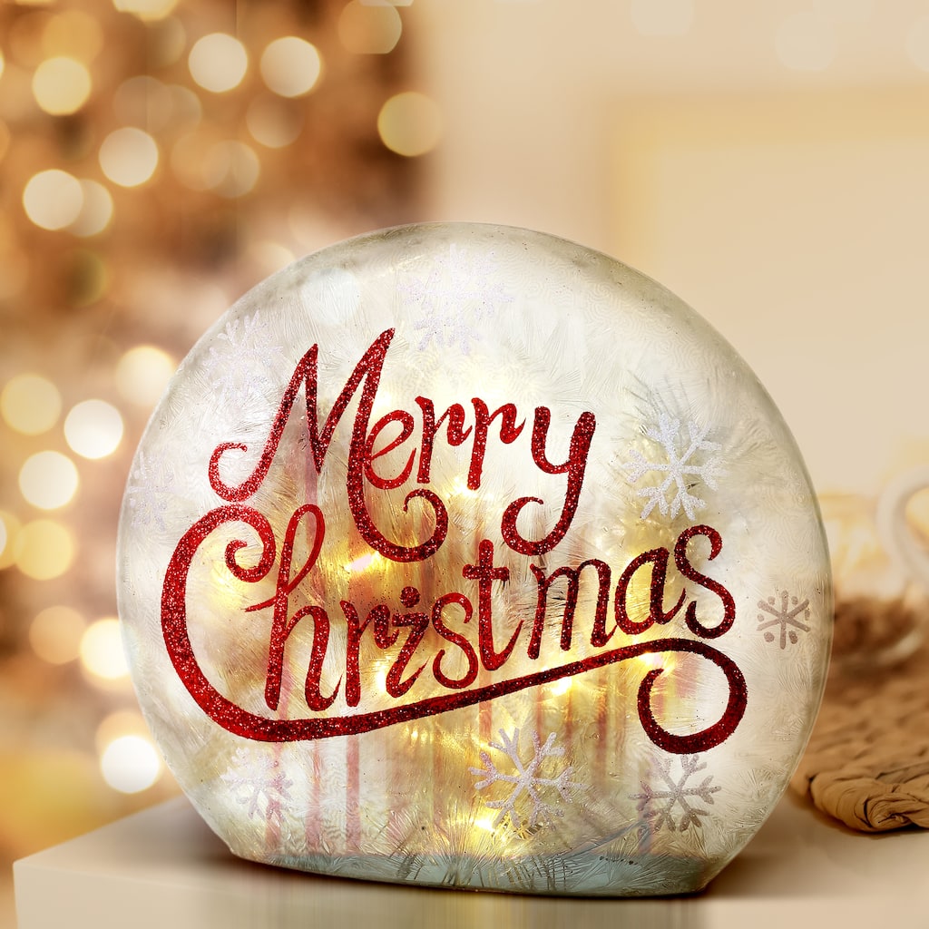 8" LED Battery Operated Timer Glass "Merry Christmas" Table Piece