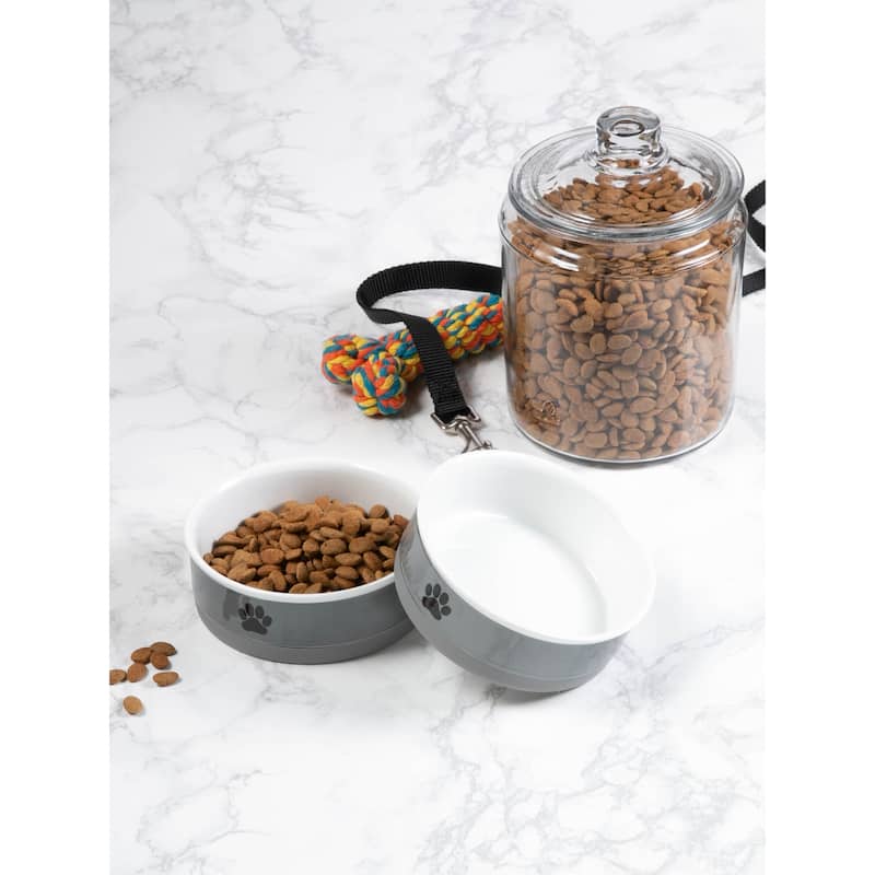 DII Pet Bowl Black Paw Print Gray Small 4.25dx2h (Set of 2)