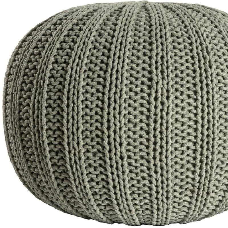HomeRoots 20" Green Cotton Cable Knit Round Pouf Ottoman