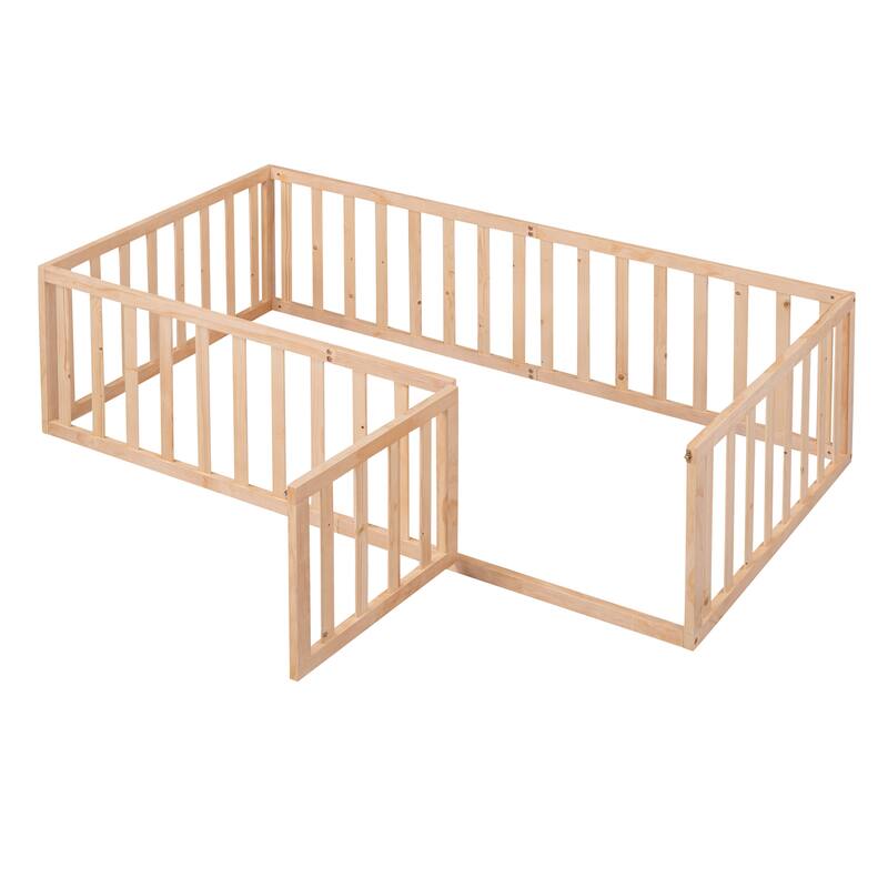 Twin Size Wooden Floor Bed Frame with Fence and Door, Natural Finish