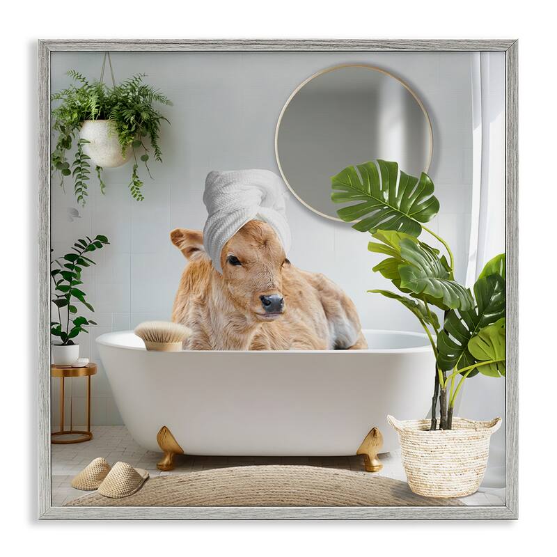 Stupell Pampered Cow in Bath Framed Giclee Art Design By CAD Designs - 17 x 17 - Grey