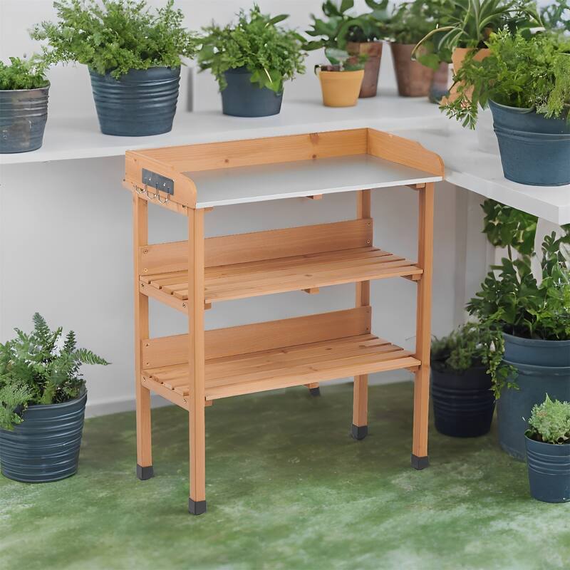 3 Layers Outdoor Work Potting Table, Solid Wood Workstation for Garage