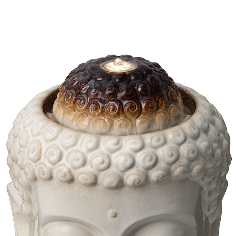 Glitzhome 18"H Zen-Style Buddha Head Ceramic LED Lighted Tabletop or Outdoor Floor Fountain