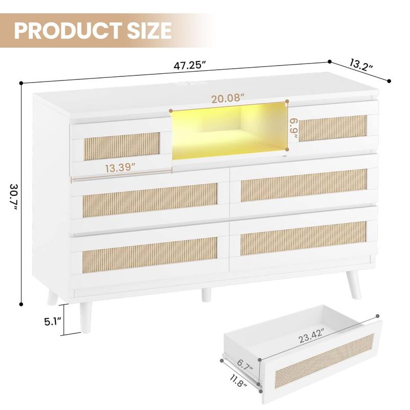 6-Drawer Rattan Dresser with LED Light & Charging Station, Modern Double Chest for Bedroom
