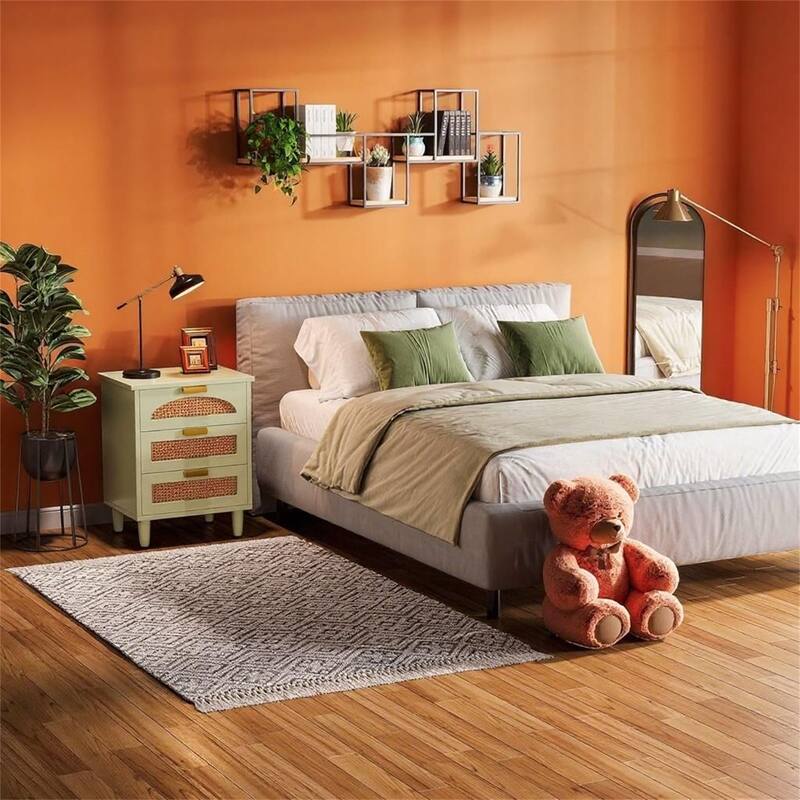 Mint Green & Rattan Nightstand with 3 Drawers