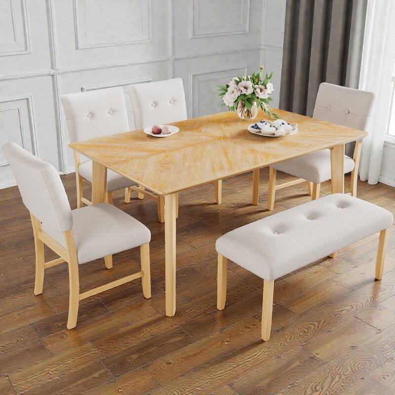 6-Piece Rustic Farmhouse Dining Set, Solid Wood Rectangular Table with 4 Upholstered Chairs and Bench for Dining Room - Natural