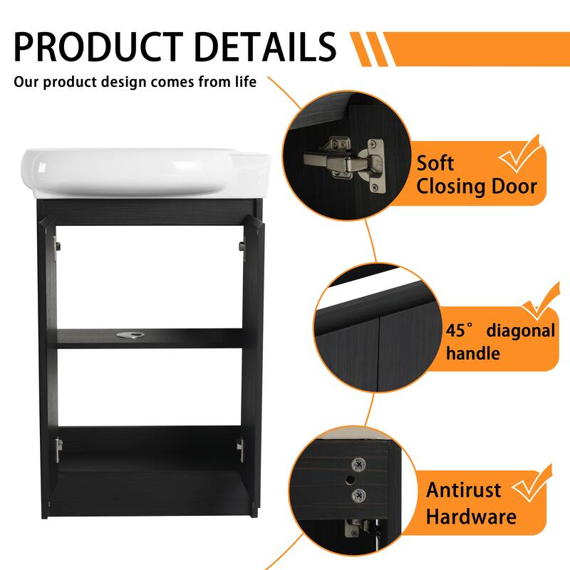 Bathroom Vanity With Sink In 16/18/23 Inch, Floating/Freestanding Bathroom Vanity With Soft Close Door
