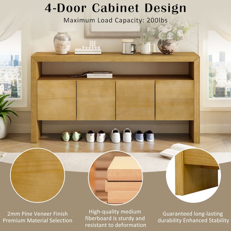 4-Door Sideboard, Modern Minimalist Solid Wood Veneer Sideboard with Open Shelf, Natural Wood Grain, for Living Room, Dining