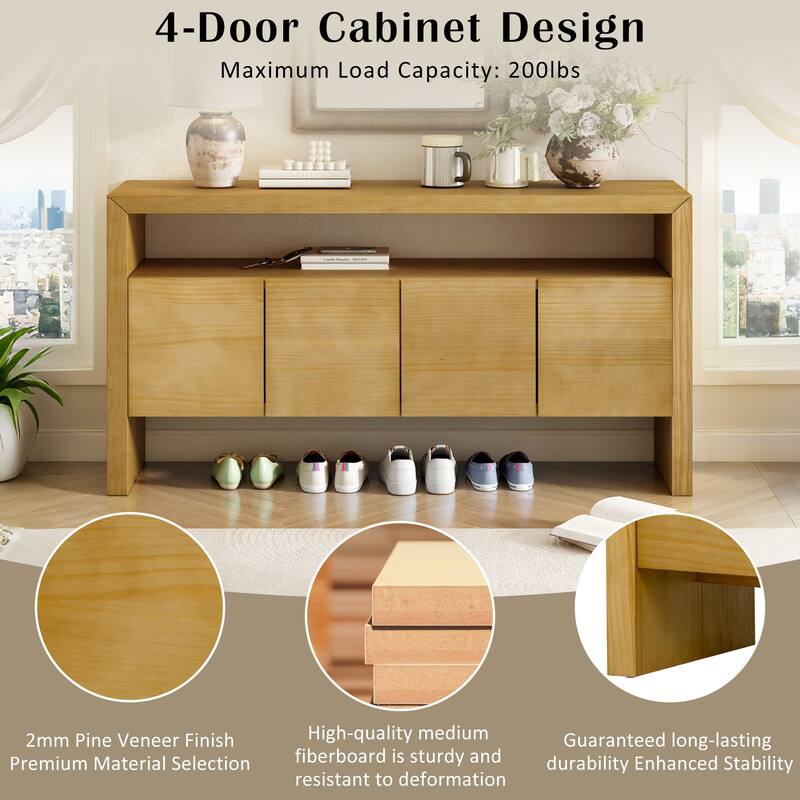 60" 4-Door Sideboard, Modern Minimalist Solid Wood Veneer Sideboard with Open Shelf, Natural Wood Grain