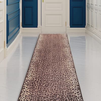 Custom Size Leopard Design Brown Color Non-Slip Rubber Backing- 31 Inch WidexYour Choice of Length Runner Rug