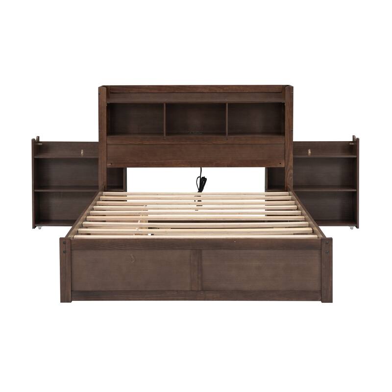 Full Storage Platform Bed with Pull-Out Shelves, Twin Trundle, and 2 Drawers - Multi-functional Headboard
