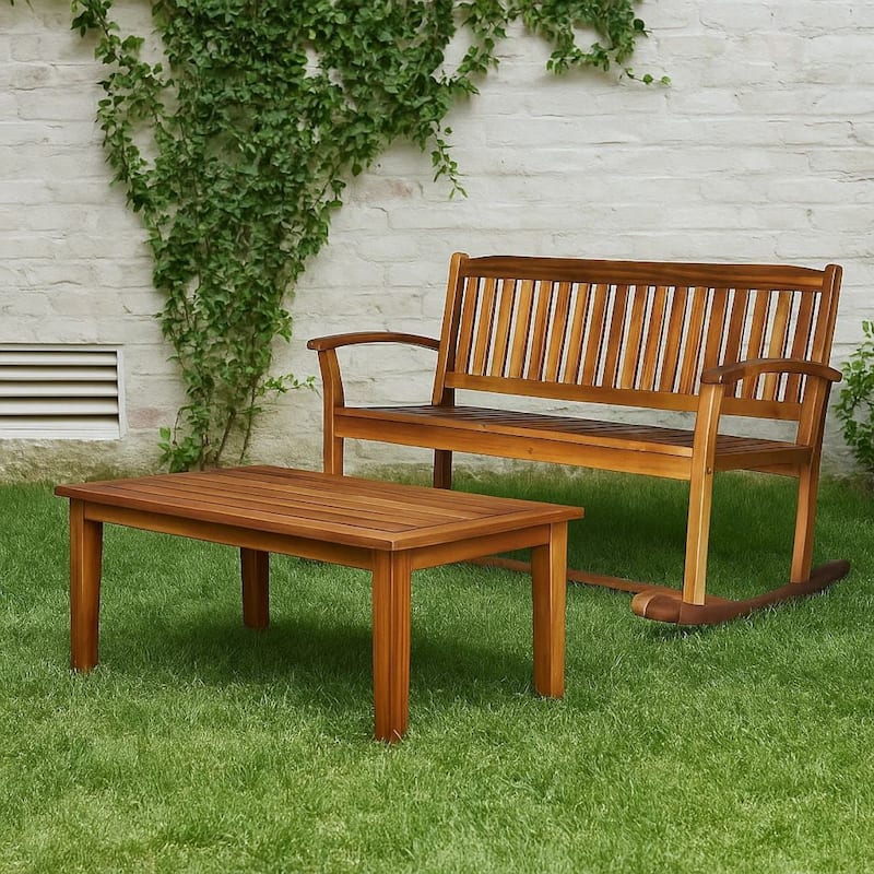 Outdoor Rocking Loveseat Bench, 50 Inch, Natural Brown Acacia Wood