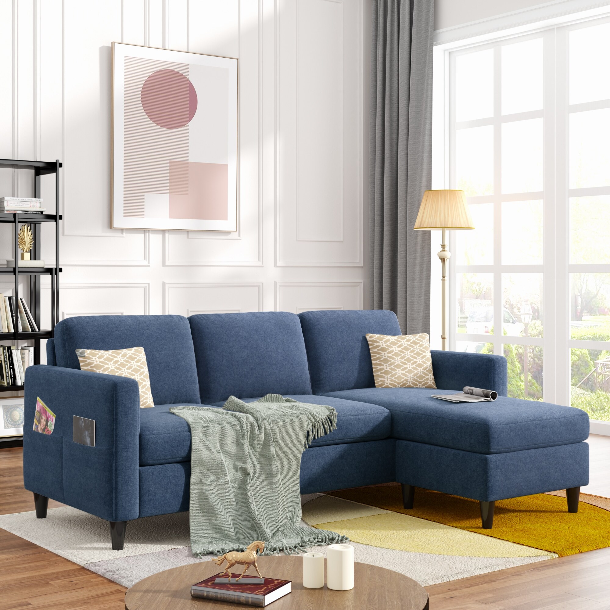 Modern L-Shape Style Linen Fabric 3-Seater Reversible Sectional Sofa with Handy Side Pocket, Couch for Living Room
