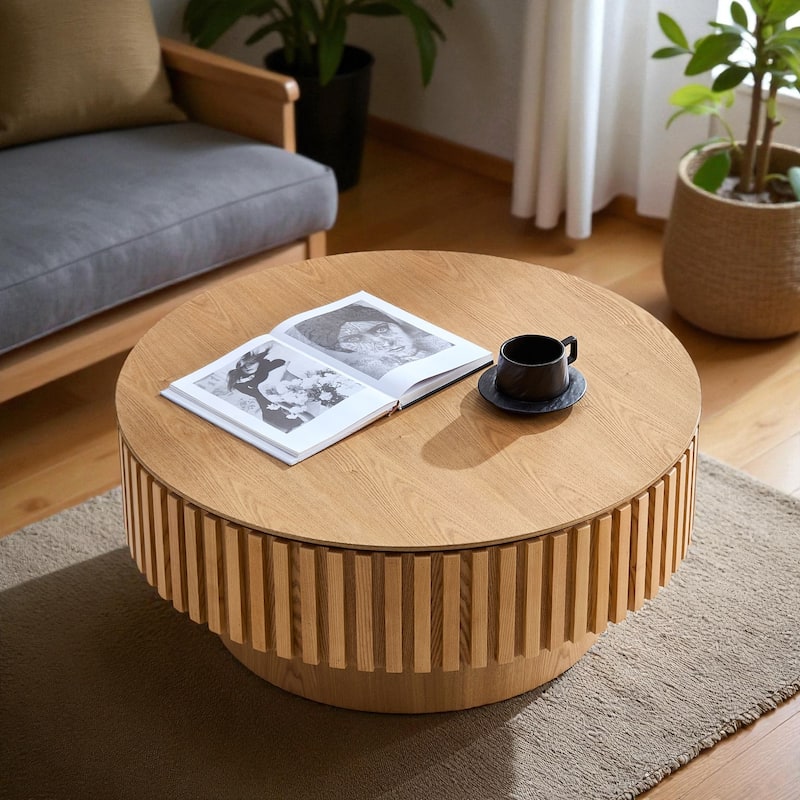 31.49'' Modern Round Coffee Table with Storage, Small Pedestal Coffee Table for Apartment or Living Room