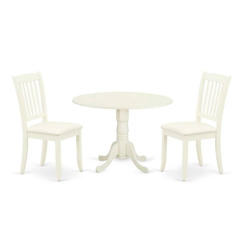 Round Dinette Set with Drop Leaf Table & 2 Linen Dining Chairs - White Finish