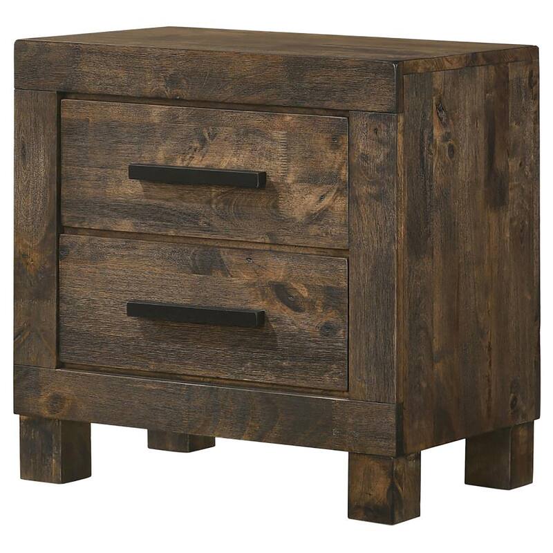 Rustic Golden Brown 2-Drawer Nightstand with Wooden Handles and Thick Block Feet