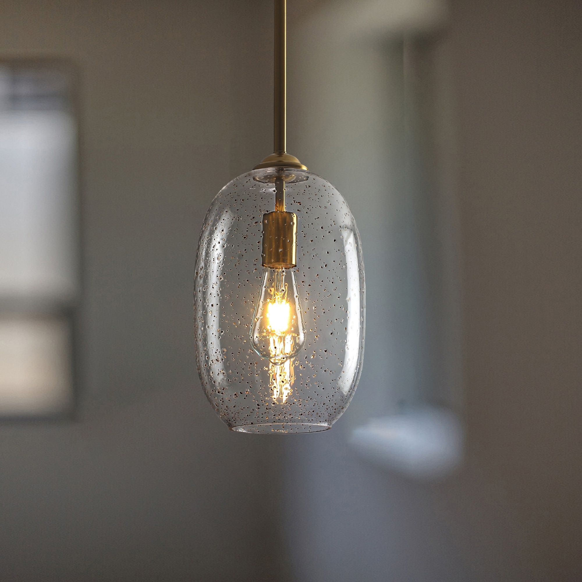 1 - Light Modern Pendant Light, 7.87" Wide, Brass Finish with Seeded Glass Shade