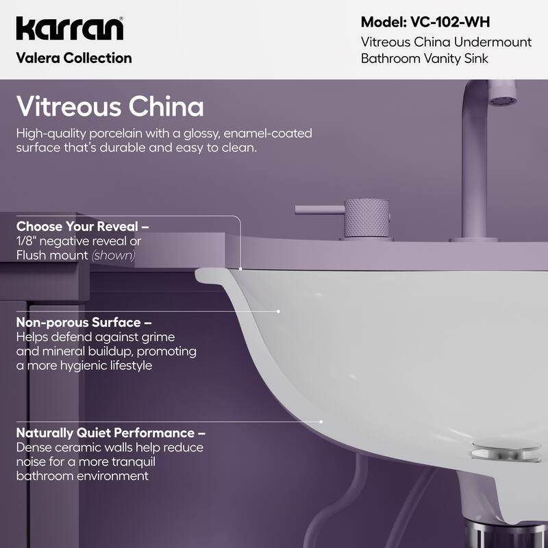 Karran 19-1/4" Undermount Vitreous China Bathroom Sink In White