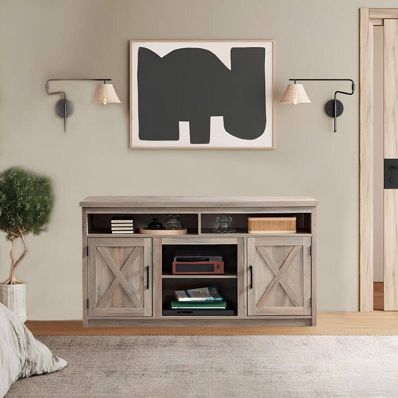 Roomfitters Farmhouse TV Stand for TVs up to 65", Modern Entertainment Center with 4 Open Storage