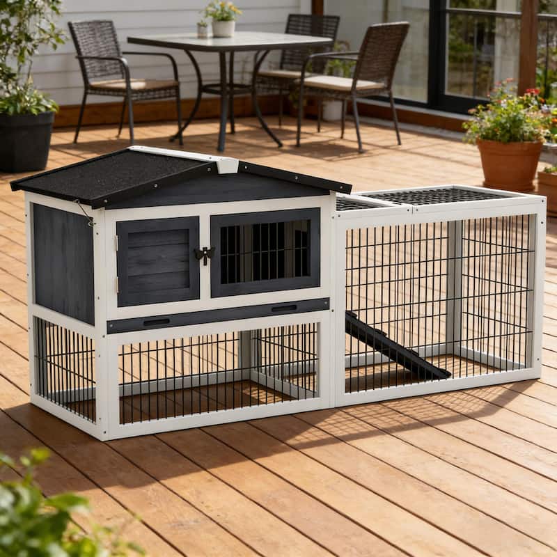 Outdoor Pet House,Rabbit Hutch,Small Animal Hutch Cage is designed for convenient cleaning - Black,Dark Gray+White - Black,Dark Gray+White