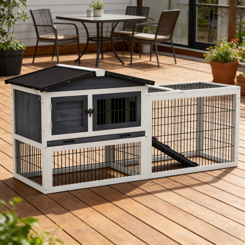 Outdoor Pet House,Rabbit Hutch,Small Animal Hutch Cage is designed for convenient cleaning - Black,Dark Gray+White