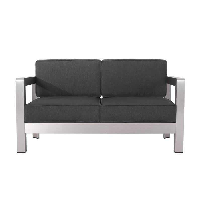 Aviara Outdoor 4-Seater Aluminum Chat Set with Tempered Glass-Topped Coffee Table by Christopher Knight Home