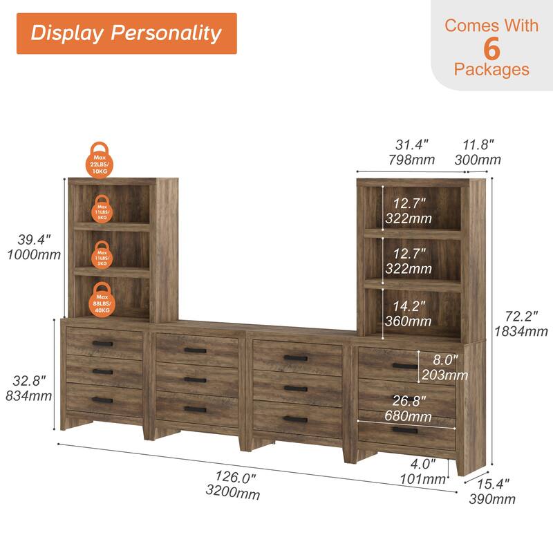 WAMPAT Farmhouse TV Stand for 75 inch TVs, Modular Media Console with Storage Drawers