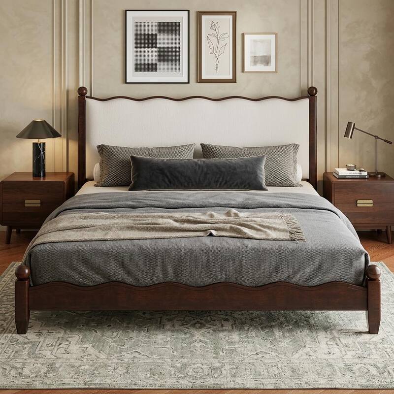 Wood Platform Bed with Upholstered Headboard by Harper&Bright Designs - Espresso - Queen