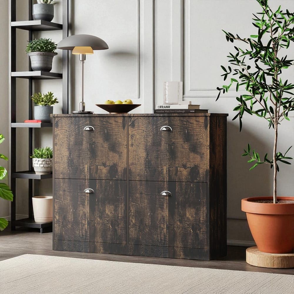 Slim Hidden Shoe Cabinet with 4 Flip Drawers, Narrow Entryway Shoe Rack, Adjustable Dividers, Original Wood Finish