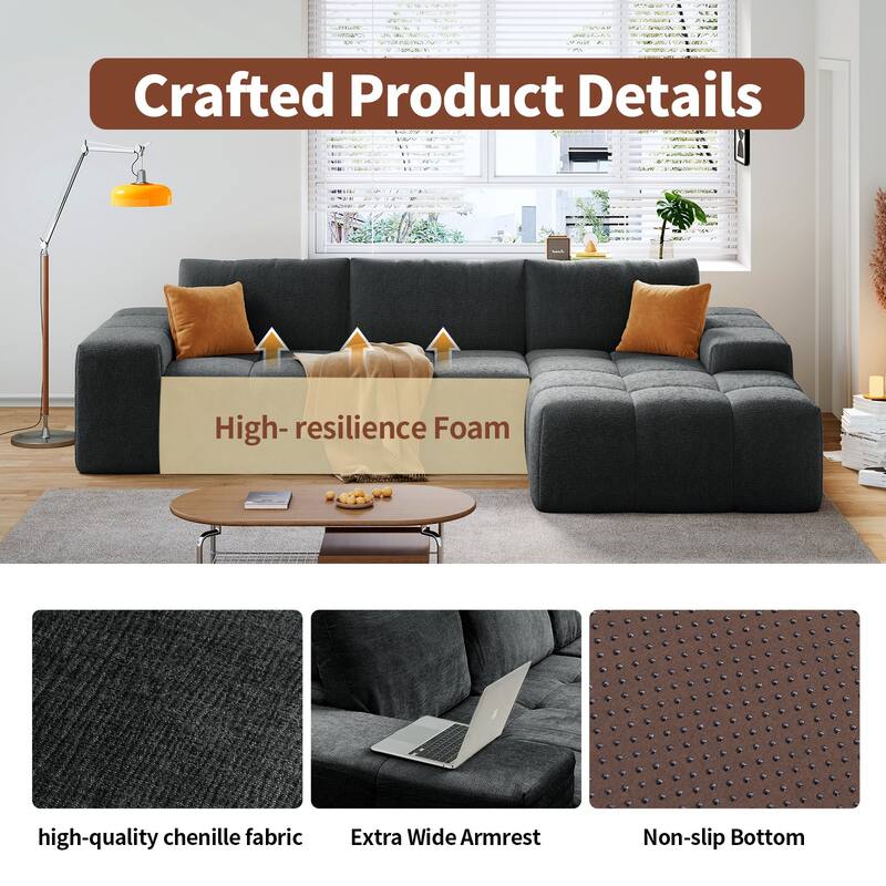 Modular Sectional Sofa with L-Shape Chaise Lounge, High-Density Foam Boneless Cloud Couch, Deep Seat Sofa with 3 Pillows
