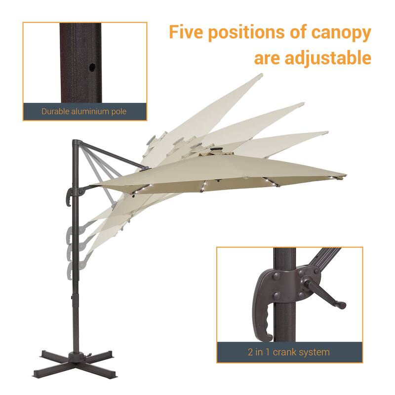 BONOSUKI 10Ft LED Patio Cantilever Offset Umbrella With Cross Base
