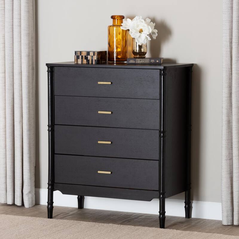 Marisela Black Wood Chest of Drawers with Gold Handles - 4-Drawer Dresser with Bamboo-Inspired Legs, Modern Transitional Accent