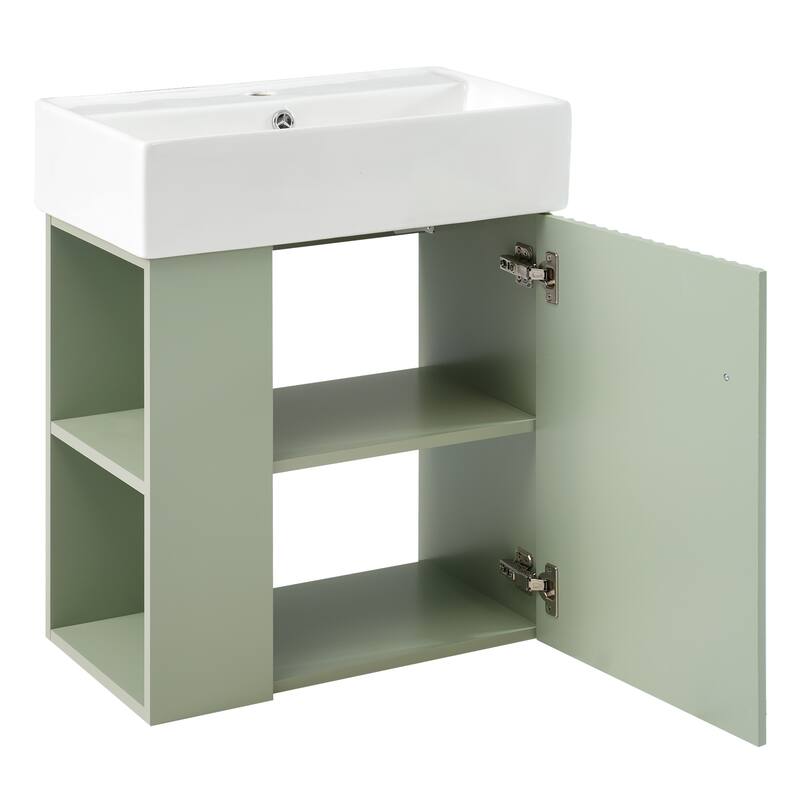 21.6" White Bathroom Vanity with Soft-Close Door and Side Storage, Floating Design with Ceramic Sink for Small Bathrooms