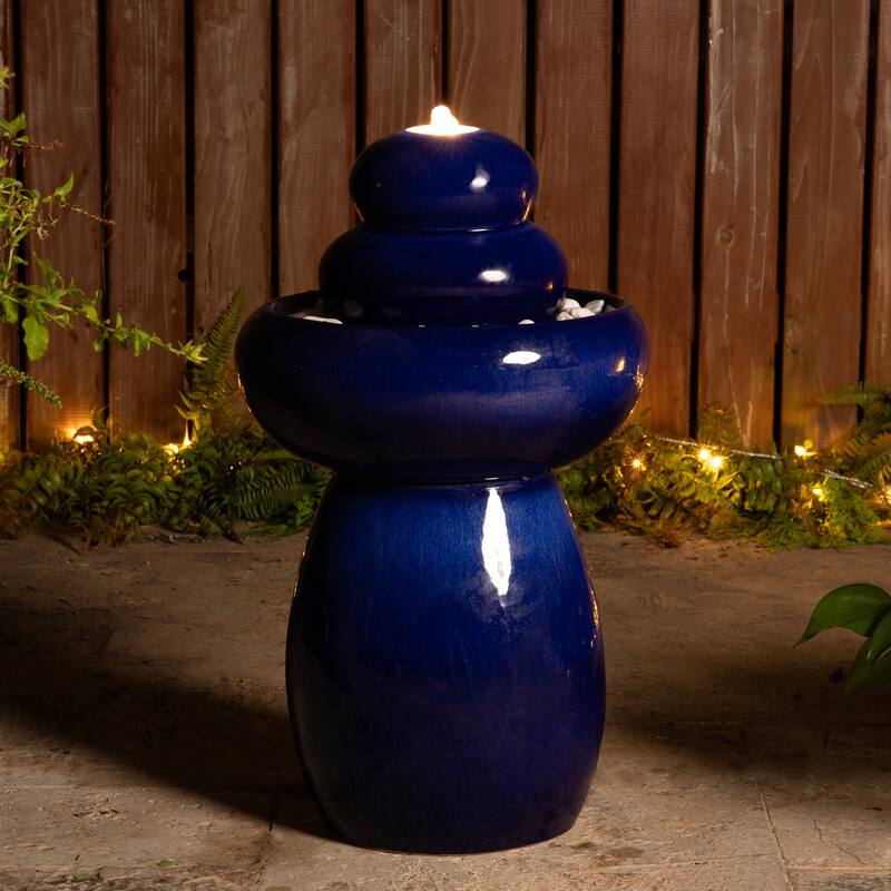 Glitzhome 22"H Zen-Style Cobalt Blue Pebbles Outdoor Ceramic Fountain with Pump and LED Light