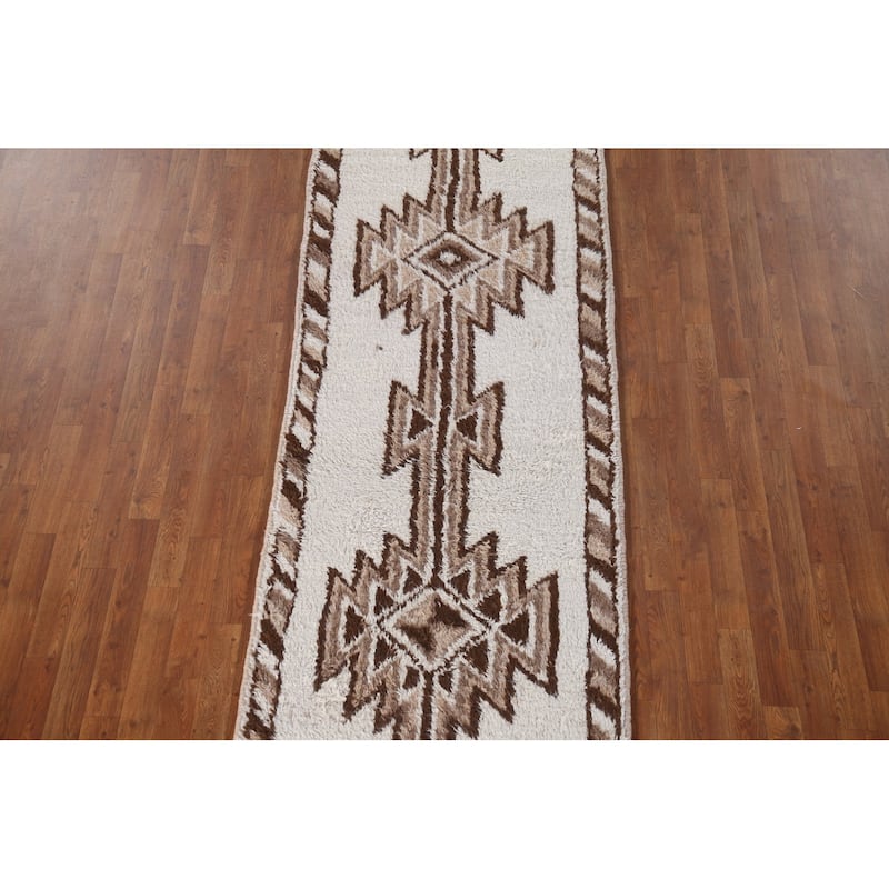 Natural Dye Geometric Anatolian Runner Rug Hand-knotted Wool Carpet - 3'0"x 12'6"