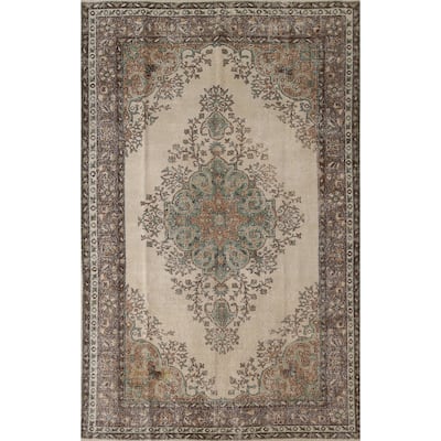 Floral Anatolian Distressed Turkish Vintage Handmade Wool Carpet - 5'9"x 9'0"