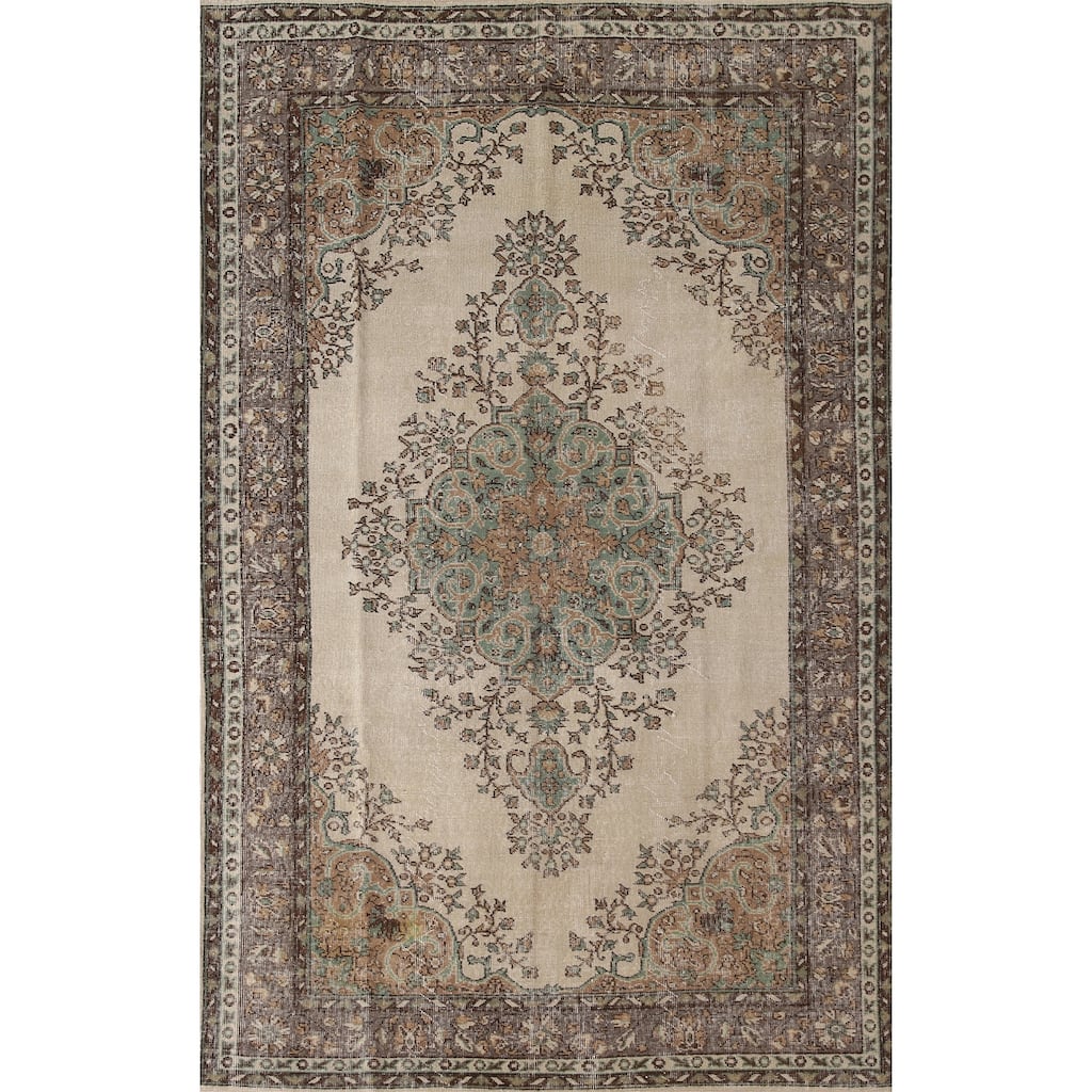 Floral Anatolian Distressed Turkish Vintage Handmade Wool Carpet - 5'9"x 9'0"