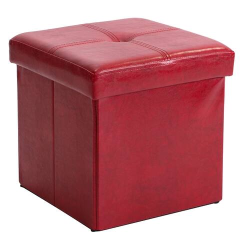 Simplify Red Faux Leather Folding Storage Ottoman Cube - 15" x 15" x 15"