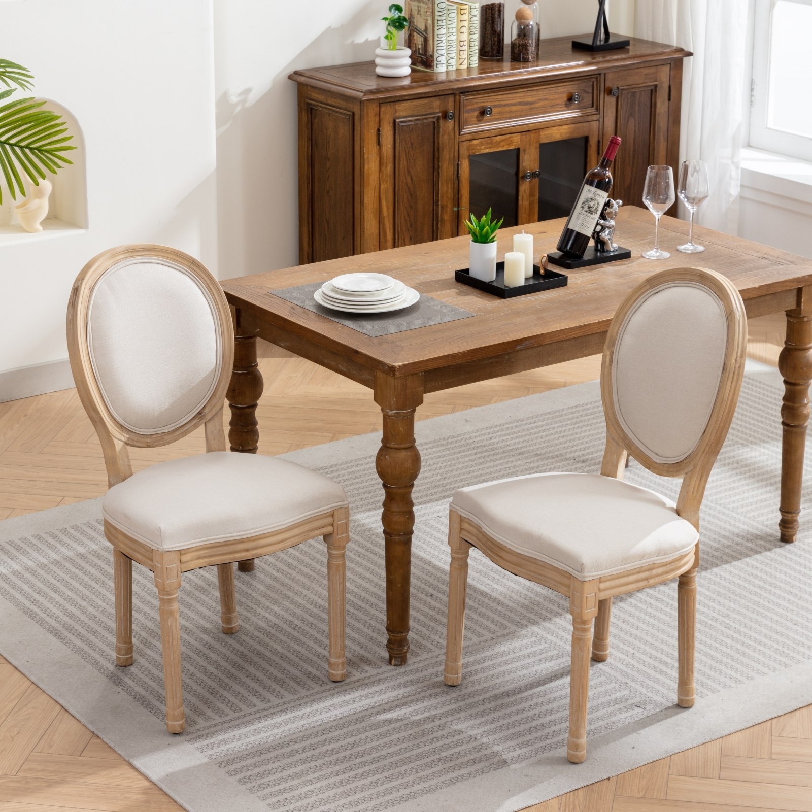 French Antique Linen Fabric Back Dining Chair Set of 2, Beige