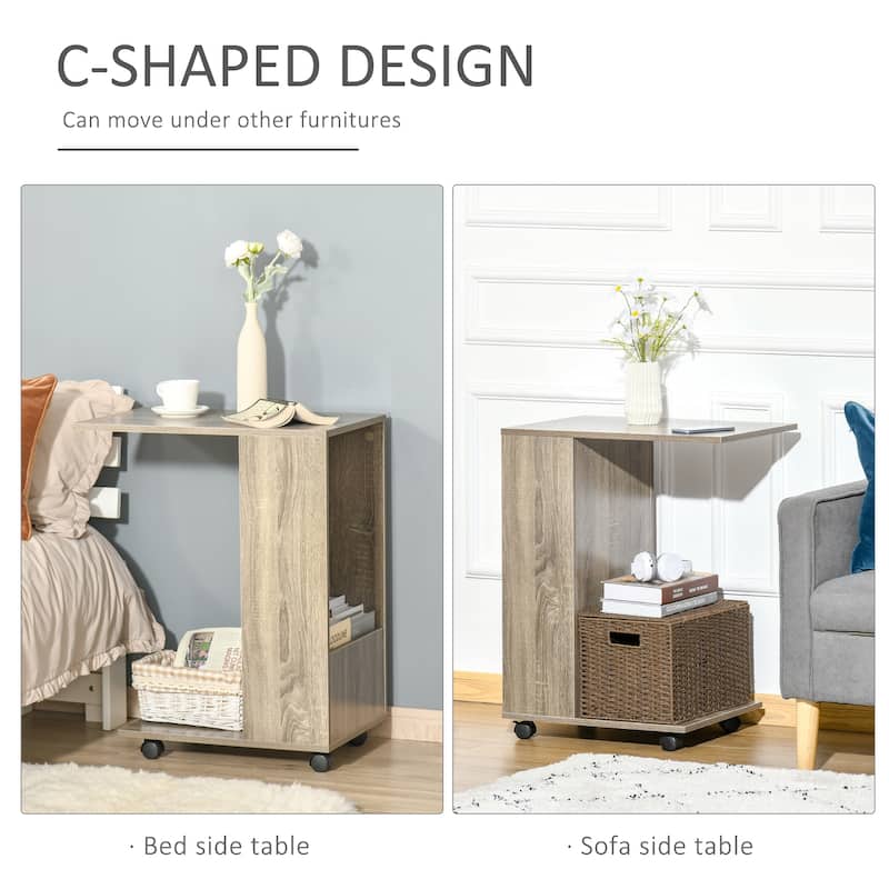 HOMCOM C-Shaped Sofa Side Table Mobile End Table with Storage and Wheels for Living Room, Bedroom, Office
