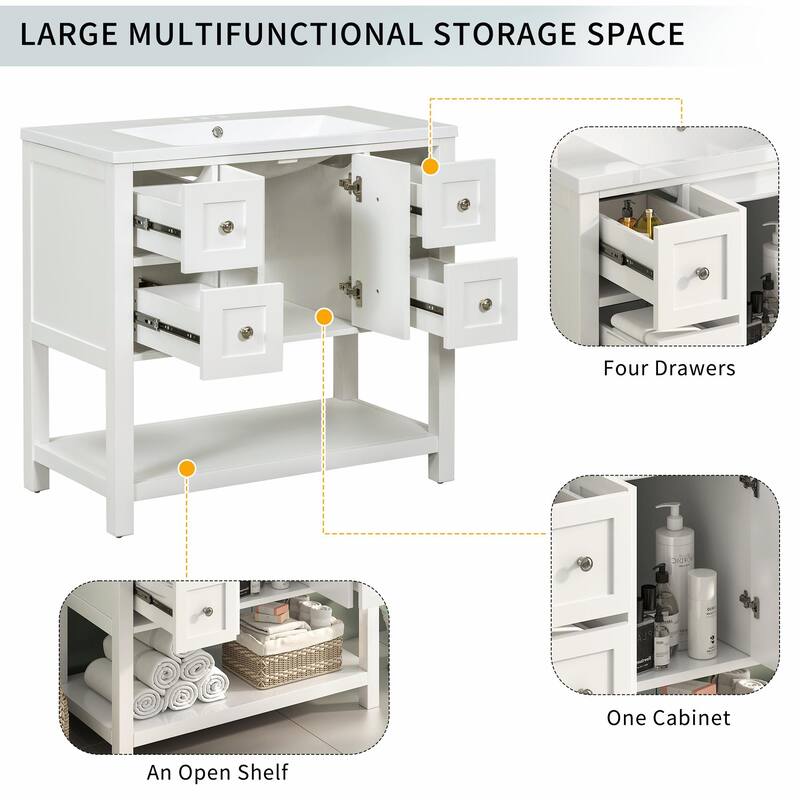 36'' Freestanding Bathroom Vanity Cabinet with 4 Drawers and Soft-Closing Doors